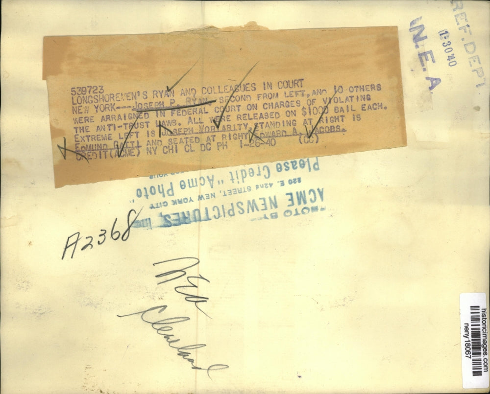 1940 Press Photo NEW YORK LONGSHOREMEN'S RYAN AND COLLEAGUES IN COURT NYB