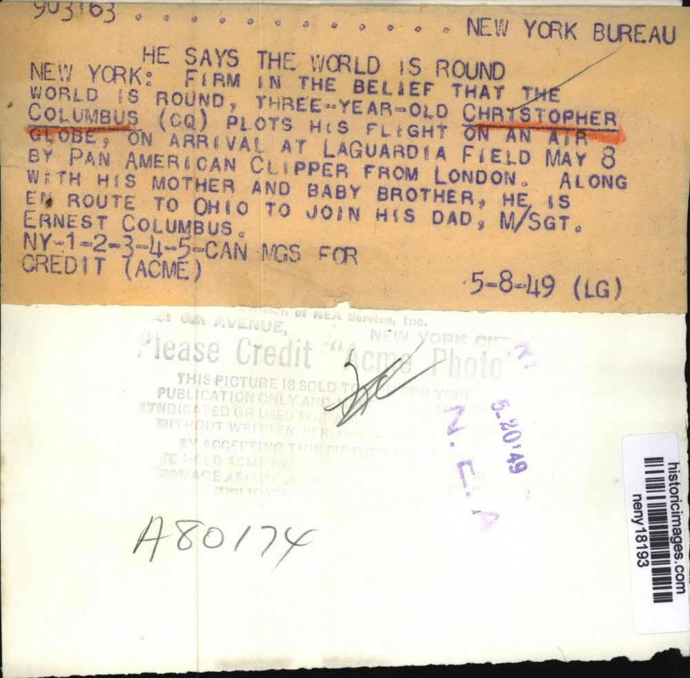 1949 Press Photo New York Christopher Columbus arrived at LaGuardia from Ohio