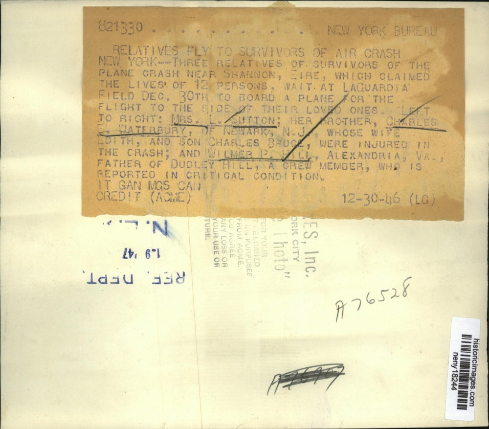 1946 Press Photo NEW YORK RELATIVES FLY TO SURVIVORS OF AIR CRASH NYC