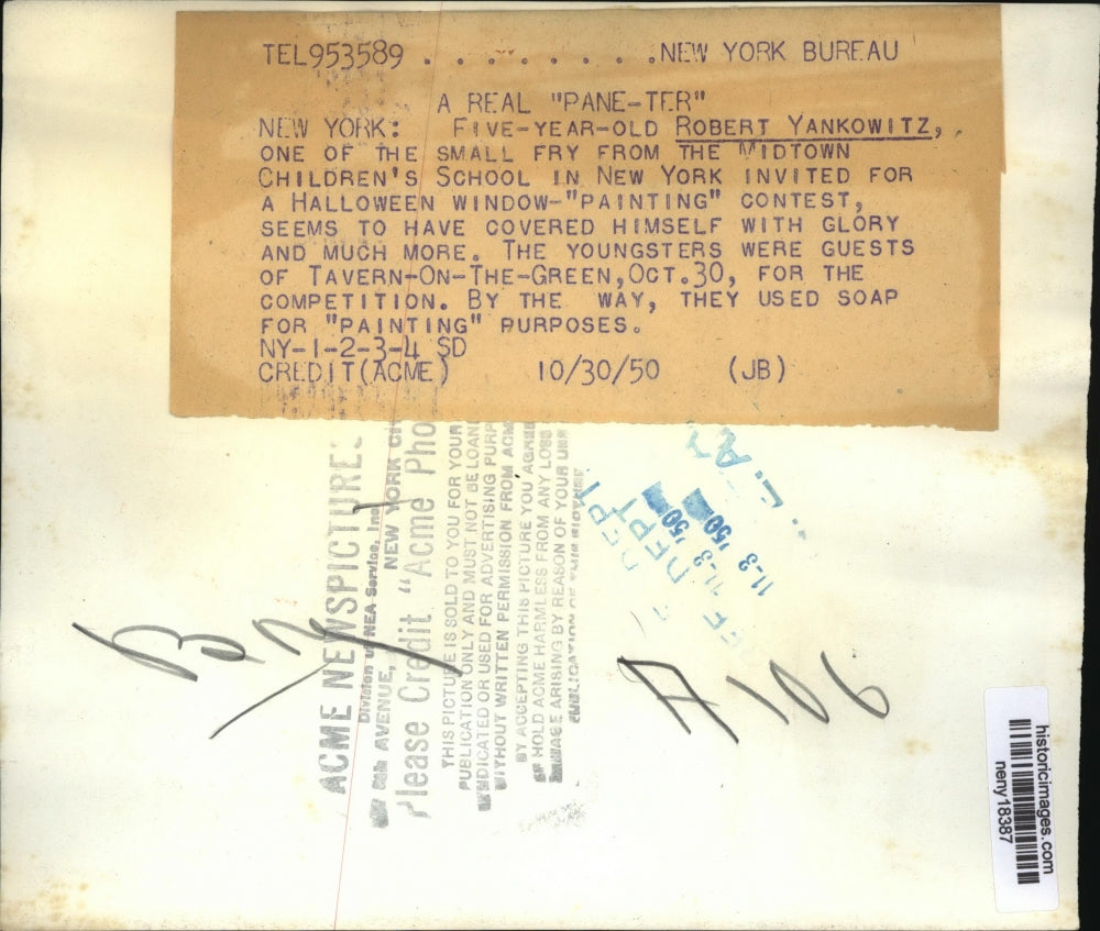 1950 Press Photo New York Robert Yankowitz in Window Painting Contest NYC