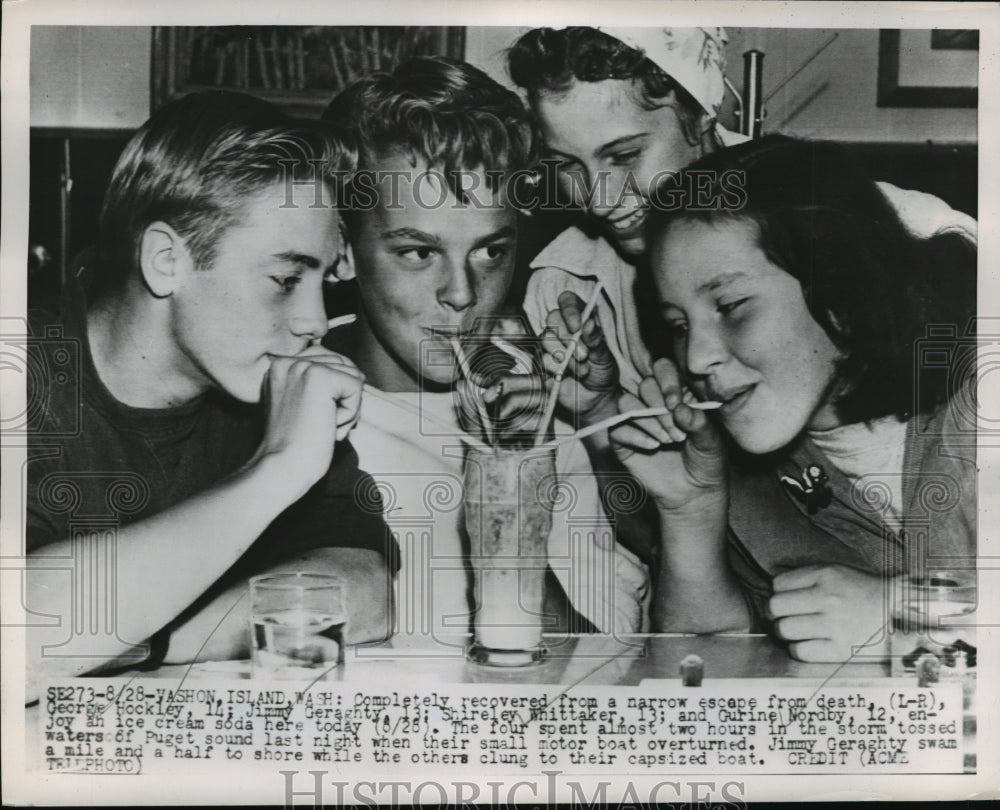 1951 Press Photo Washon Island WA Children drink soda after rescue WIWA