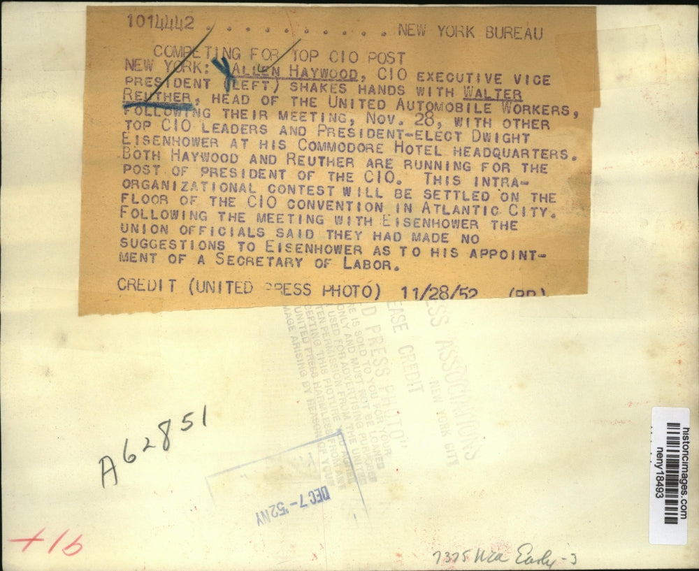 1952 Press Photo New York CIO Leaders Allen Haywood and Walter Reuther NYC