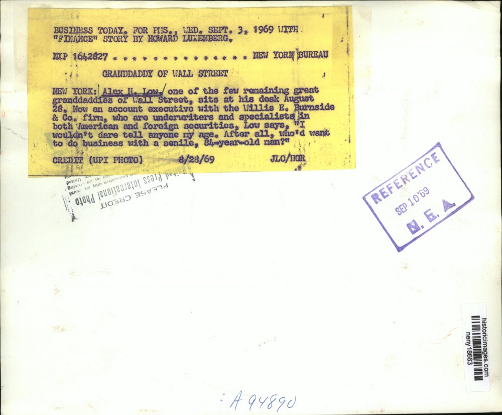 1969 Press Photo New York Alex H.Low, one of the Granddaddy of Wall Street NYC