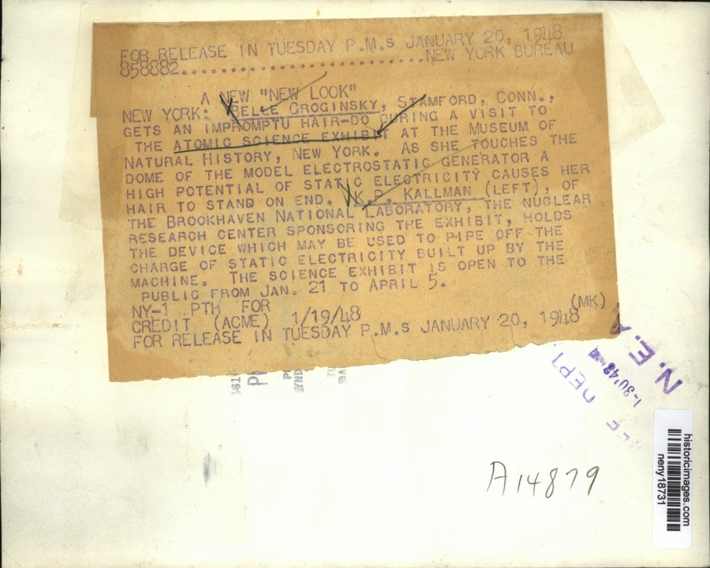 1948 Press Photo New York Belle Croginsky at Atomic Science exhibit in NYC