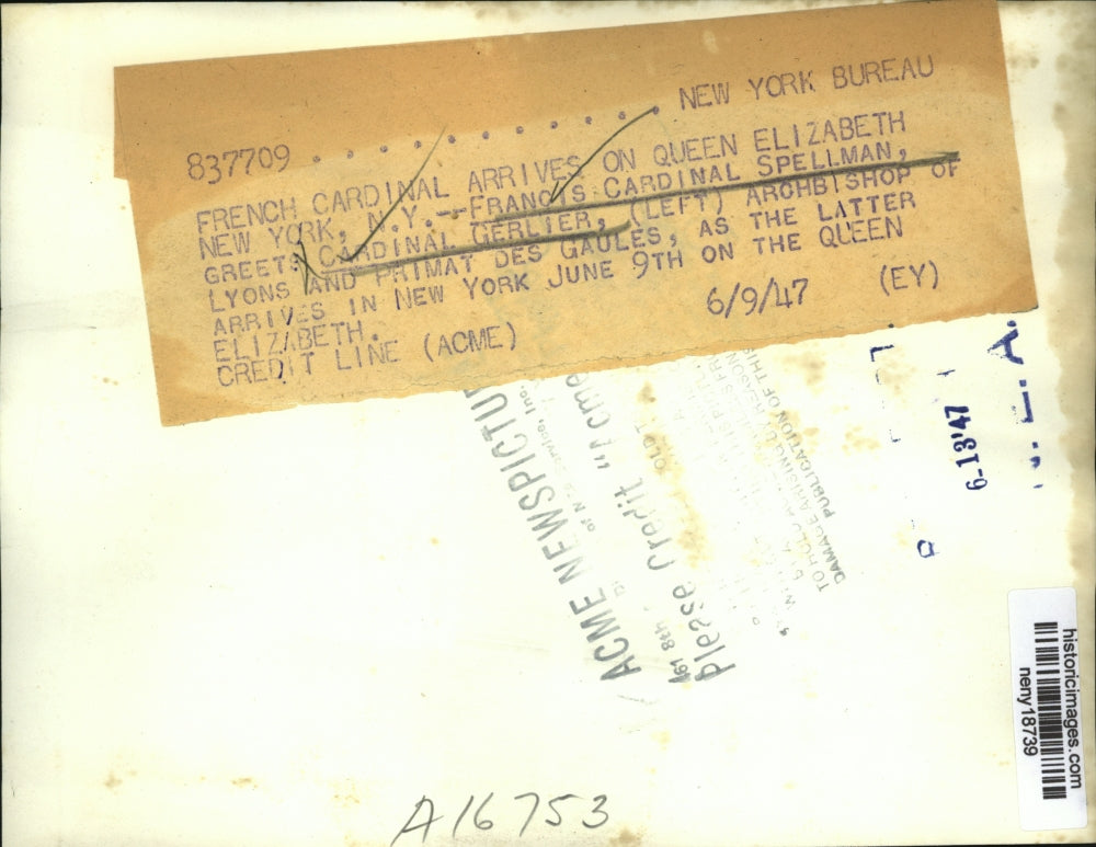 1947 Press Photo New York Francis Cardinal Spellman & Cardinal Gerlierr in NC