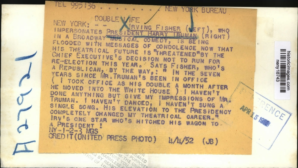 1952 Press Photo New York Irving Fisher impersonates President Hoover NYC