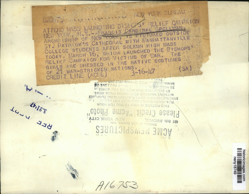 1947 Press Photo New York Francis Cardinal Spellman Launches Relief Campaign NYC