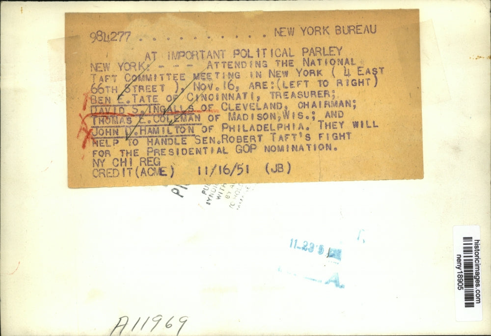 1951 Press Photo New York Sen.Robert Taft campaign Committee in New York City.