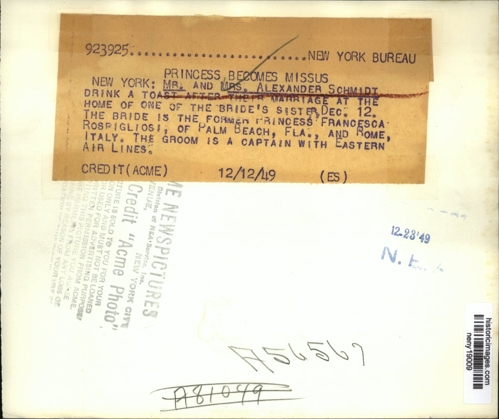 1949 Press Photo New York Francesca Rospigliosi, Alexander Schmidt Married NYC