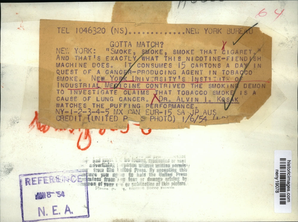 1954 Press Photo New York New York University Nicotine Study NYC - neny19078