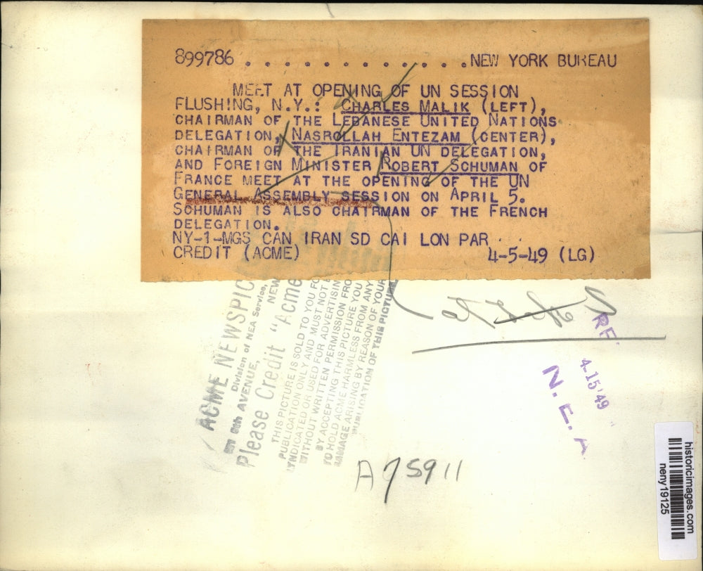 1949 Press Photo New York UN chairman Charles Malik, N Entezam in NYC