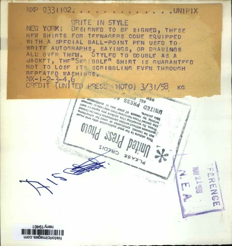 1958 Press Photo New York Shirts/Jackets Fashion for Pen Autographs NYC