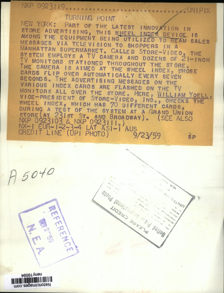 1959 Press Photo New York Wheel index ad device called Store Video at NYC