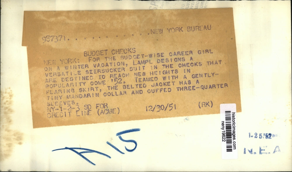 1951 Press Photo New York Lampl dress designed in seersucker modeled NYC