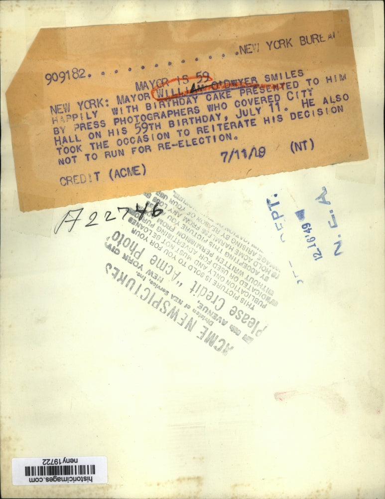 1949 Press Photo New York Mayor William O' Dwyer 59 Birthday No Re-election NYC