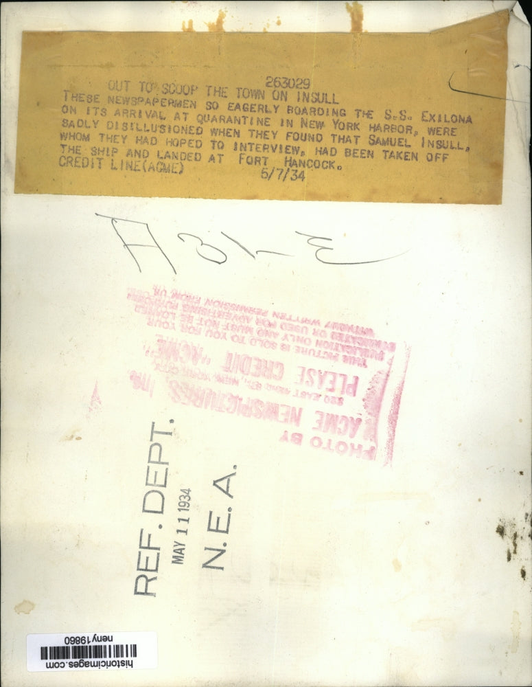 1934 Press Photo New York Newspapermen aboard S.S. Exilona arrived at N.Y Harbor