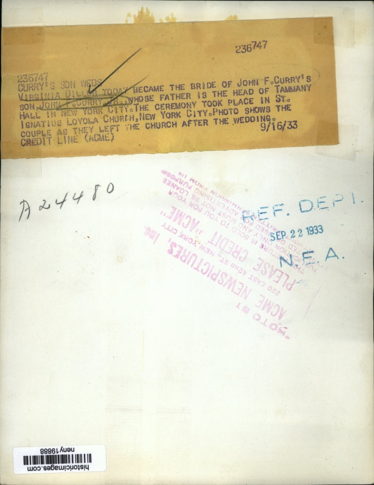 1933 Press Photo New York Virginia Dillon weds John F Curry Jr in NYC