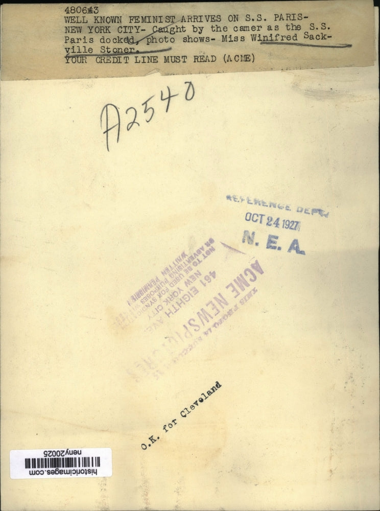 1927 Press Photo NEW YORK WELL KNOWN FEMINIST ARRIVES ON S.S. PARIS NYC