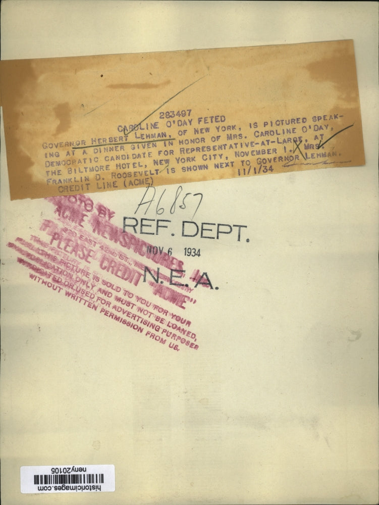 1934 Press Photo New York Governor Herbert Lehman at a dinner in NYC