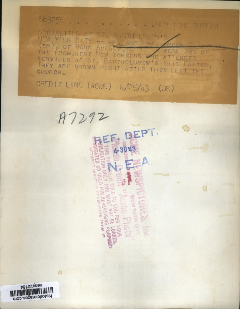1943 Press Photo NEW YORK SOCIALITES AT ST BARTHOLOMEW'S NYC - neny20184