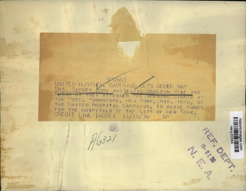 1936 Press Photo New York Mrs Sidney Borg, David McAlpin at Hotel Commodore NYC