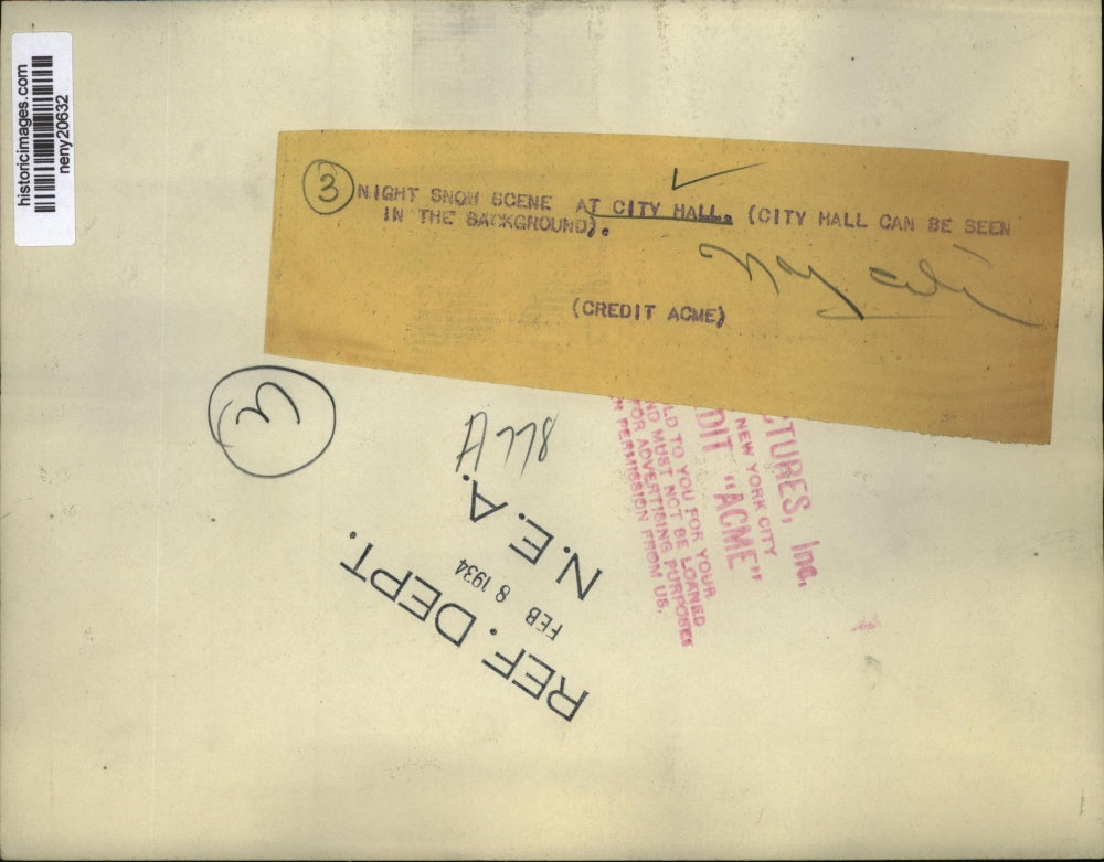 1934 Press Photo New York Night Snow at City Hall in New York City. - neny20632