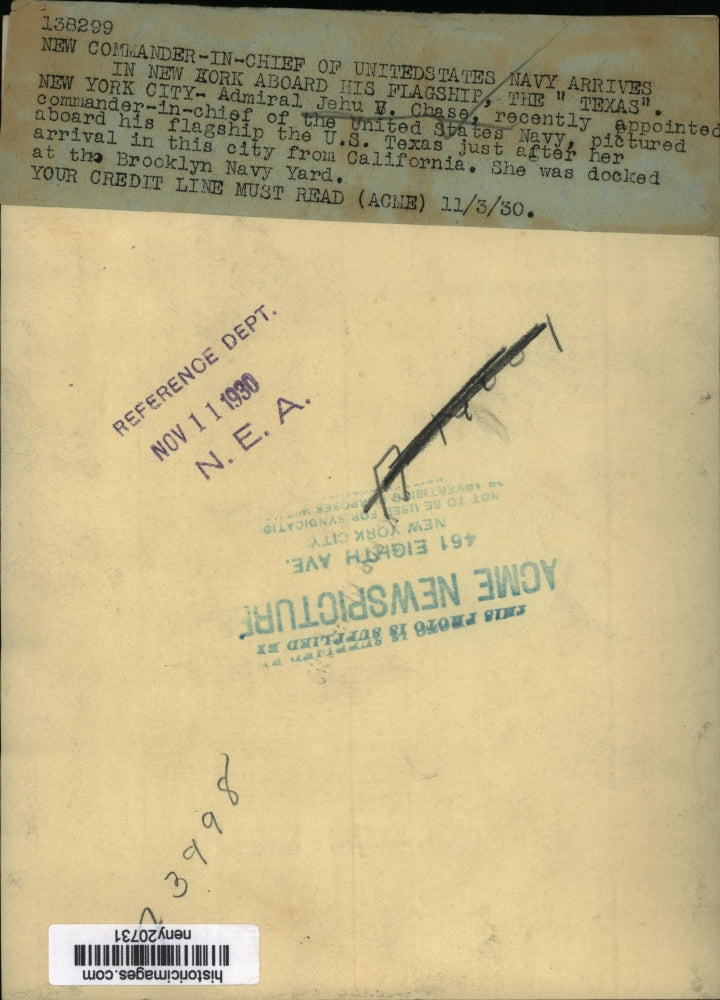 1930 Press Photo New York Admiral Jhu Chase Navy Comannder Aboard US Texas NYC