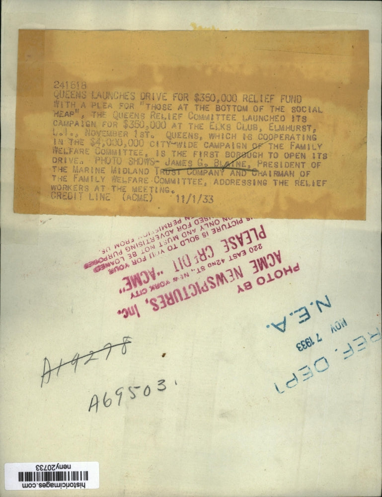 1933 Press Photo New York James Blaine at Queens Relief Committee Launch NYC