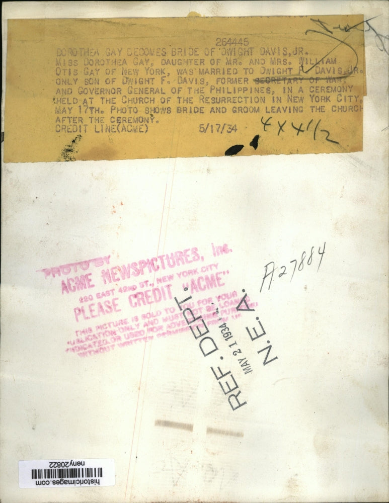 1934 Press Photo New York Dorthea Gay Marries Dwight Davis Jr NYC - neny20822