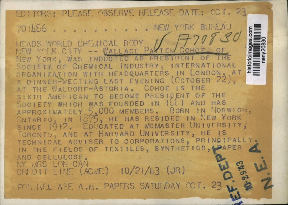 1943 Press Photo New York Wallace Patten Cohoe Heads World Chemical Party NYC