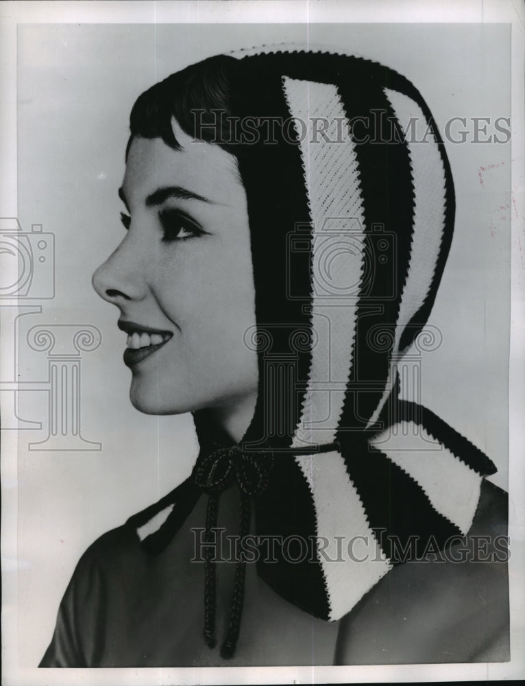 Load image into Gallery viewer, 1956 Press Photo New York Glentex Striped Wool Knit Hood Fashion NYC - neny20888
