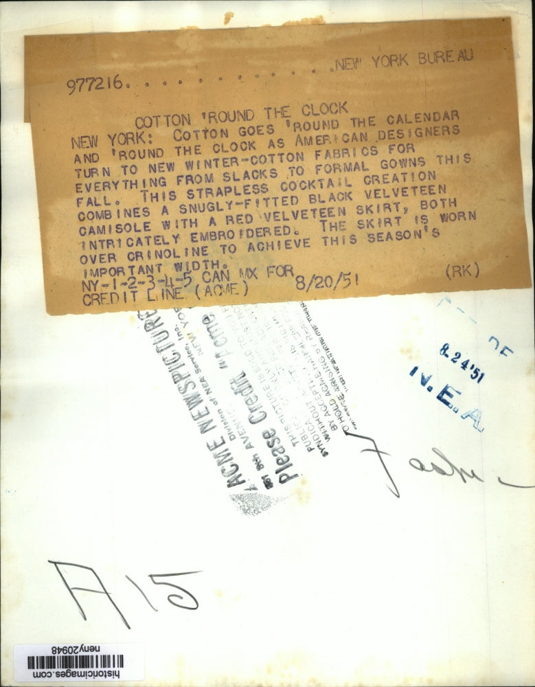 1951 Press Photo New York Strapless Cocktail Gown Creation for Fall NYC