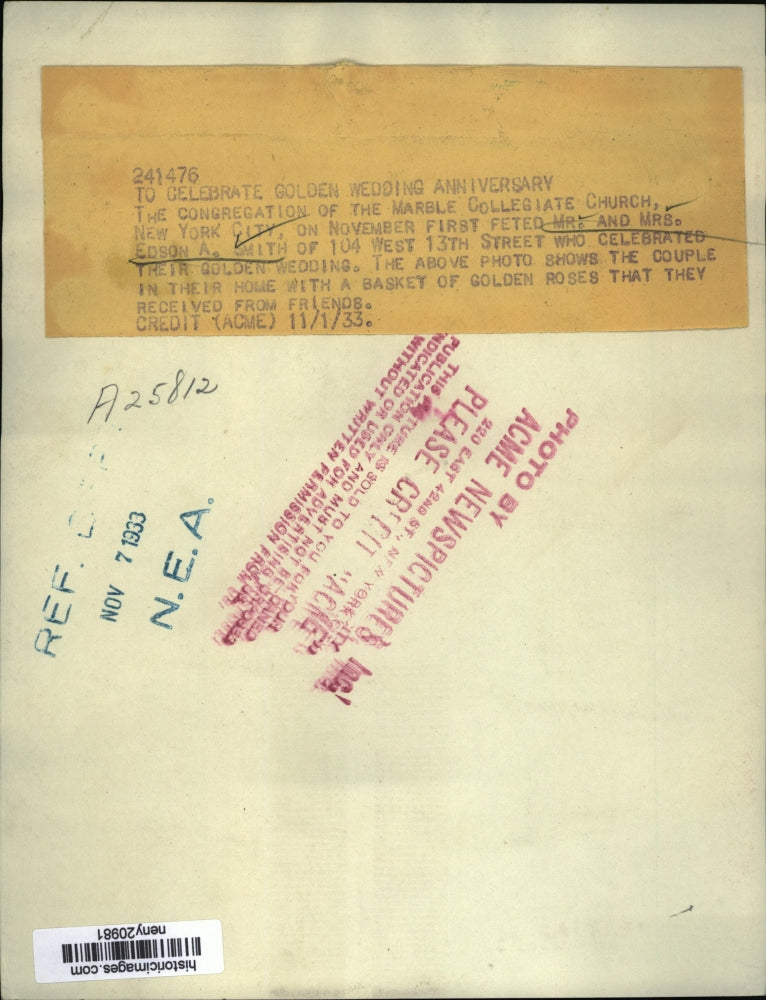 1933 Press Photo New York Mr & Mrs Edson Smith celebrate anniversary NYC