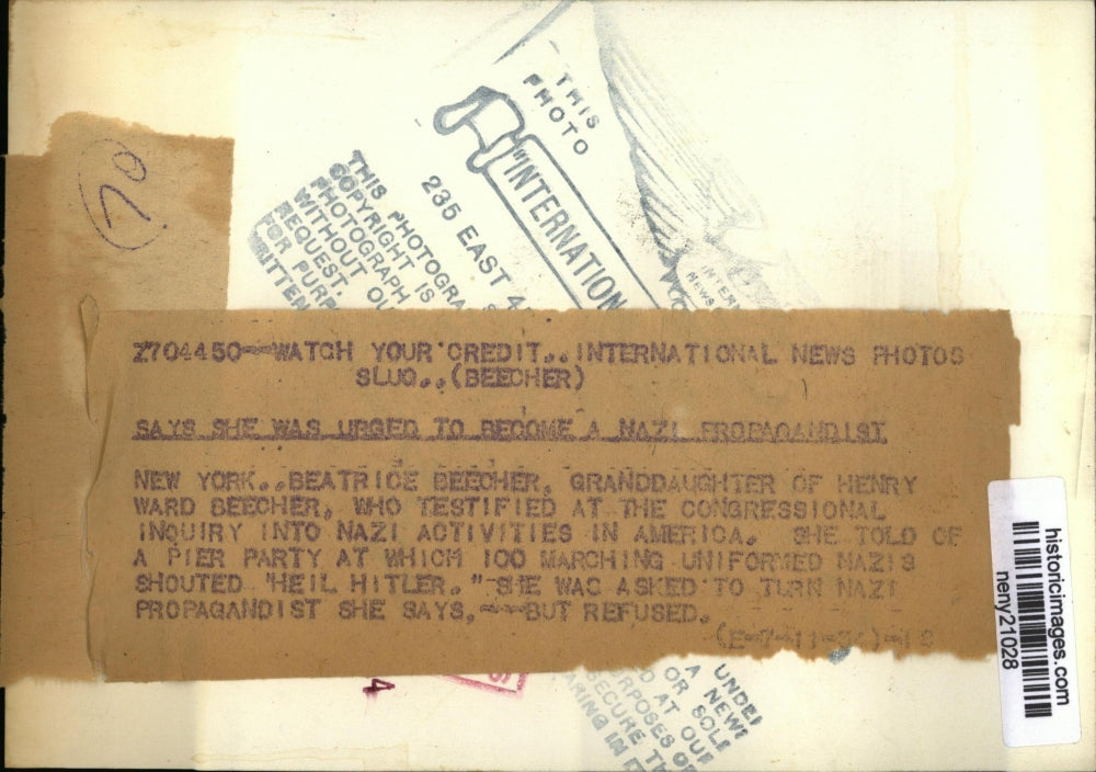 1934 Press Photo New York Beatrice Beecher testified at Congressional Inq NYC