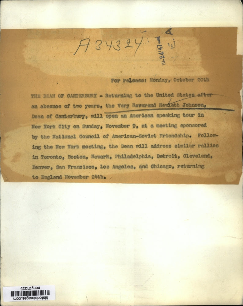 1947 Press Photo New York Very Reverend Hewlett Jonson Arrives in NYC