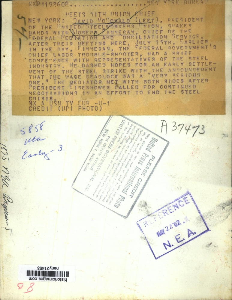 1962 Press Photo New York United Steelworkers Union David McDonald in NYC