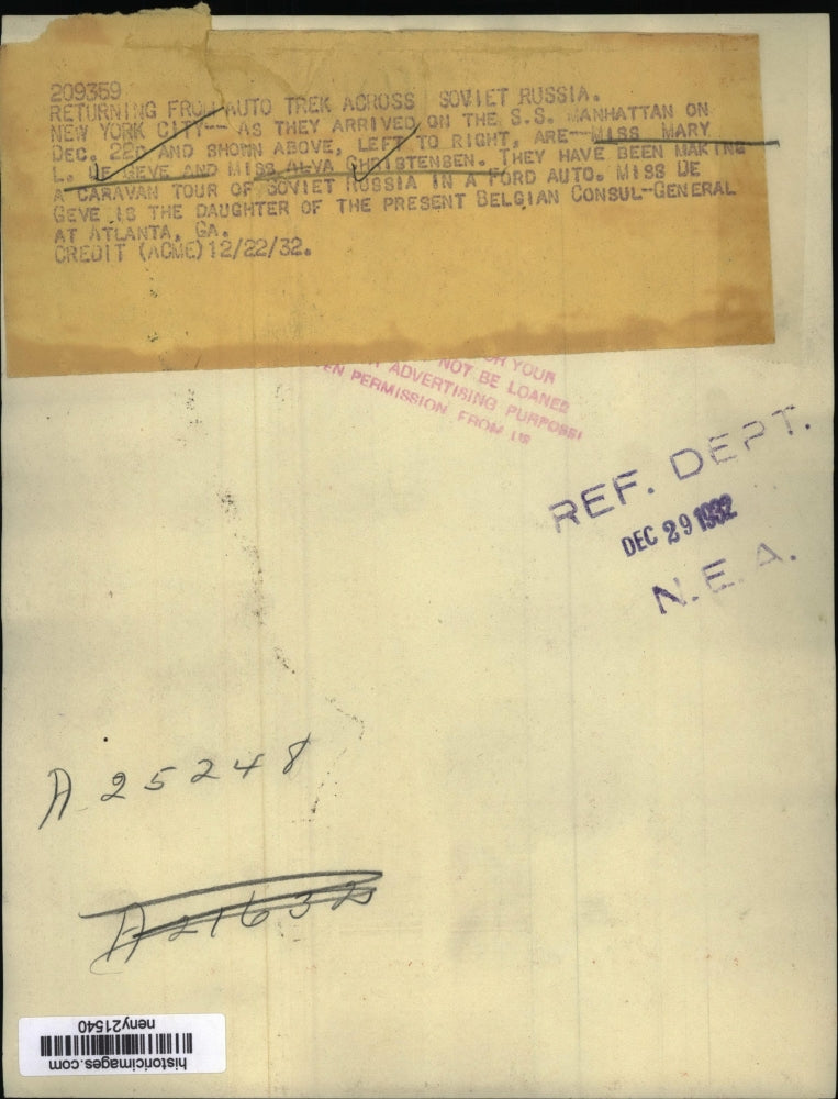 1932 Press Photo New York Mary L de Geve & Alva Christensen arrive NYC