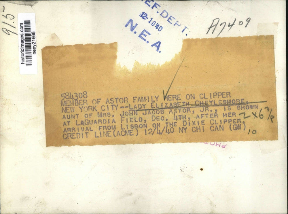 1940 Press Photo New York Dixie Clipper Arrival Lady Elizabeth Cheylesmore NYC