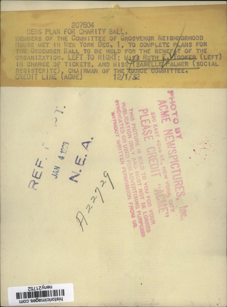 1932 Press Photo New York Ruth Tooker & Isabelle Palmer plan for ball NYC