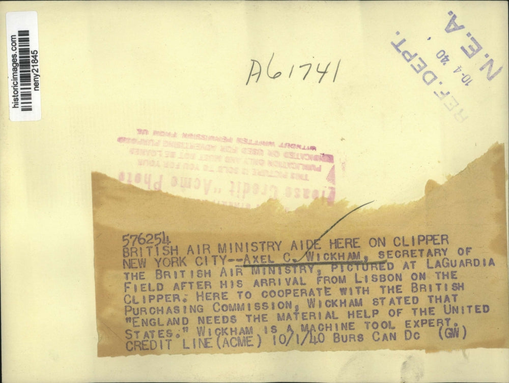 1940 Press Photo New York Axel C. Wickham, Secretary of British Air Ministry NYC