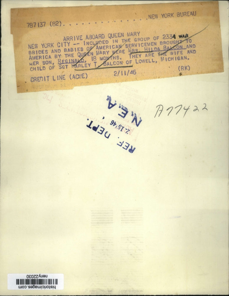 1946 Press Photo New York Mrs. Hilda Baclon & son Reginald aboard Queen Mary NYC