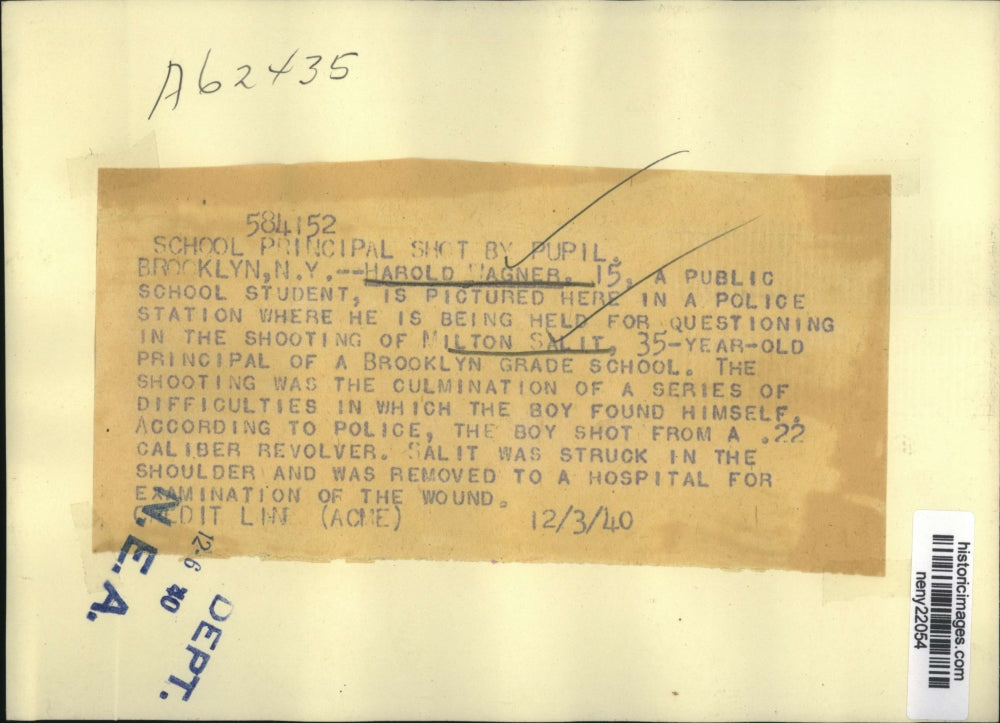 1940 Press Photo New York Harold Wagner held for shooting of Milton Salit, NYC