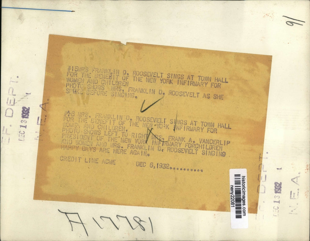 1932 Press Photo NEW YORK MRS. ROOSEVELT SINGS FOR THE BENEFIT OF INFIRMARY NYC