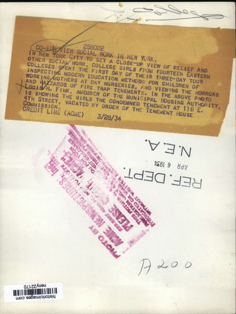 1934 Press Photo New York Louis Fink, Girls Eastern Colleges Social Work NYC