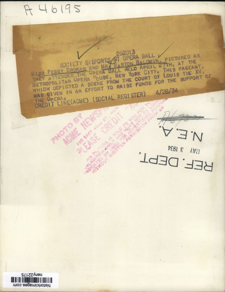 1934 Press Photo New York Peggy Brokaw and Barton Baldwin at Met Opera Ball NYC
