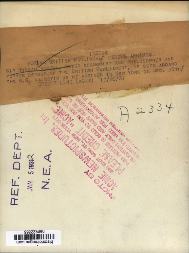 1931 Press Photo New York Sir Norman Angell noted economist arrives in NYC