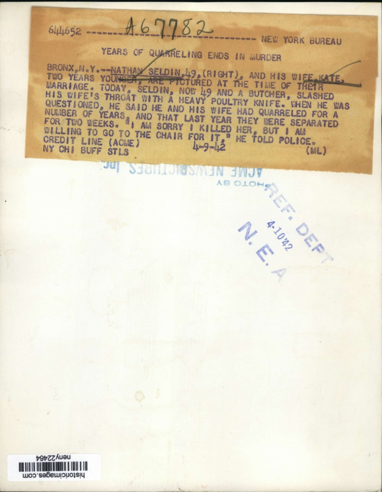 1942 Press Photo New York Nathan Seldin, Butcher, Kills Wife Kate NYC