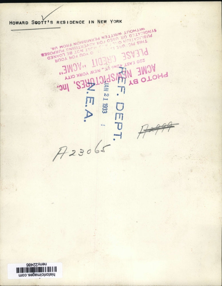 1933 Press Photo New York Howard Scott's Residence in New York City - neny22486