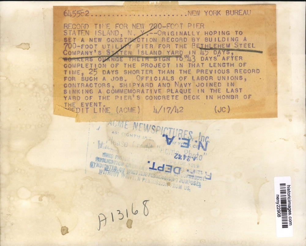 1942 Press Photo New York Bethlehem Steel Company Staten Island Yard Record NYC