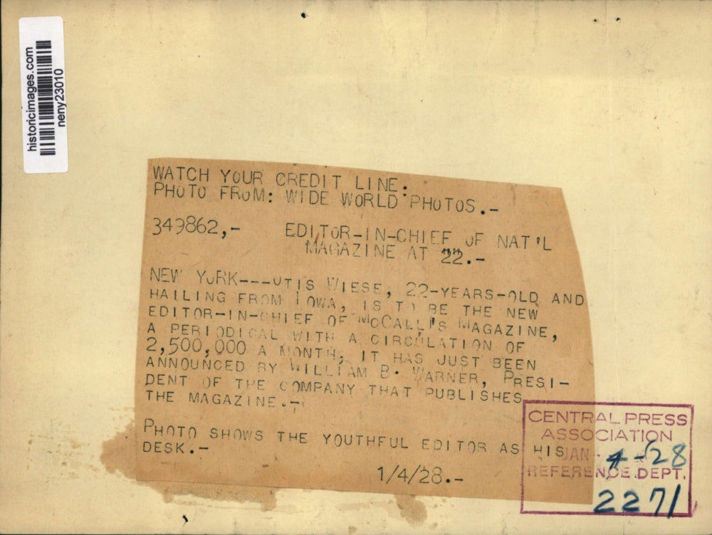 1928 Press Photo New York Editor In Chief of McCalls Magazine Otis Wiese NYC